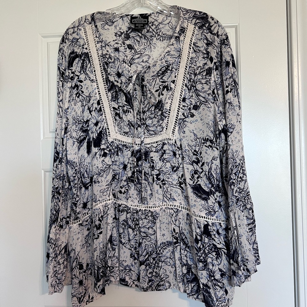 NWOT Angie Dark Blue, Light Blue and White  Bell Sleeve Blouse.